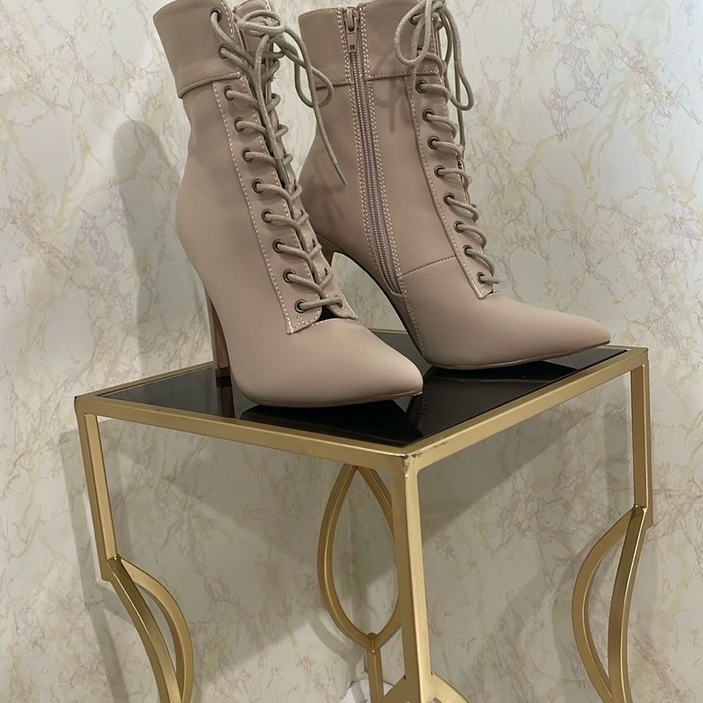 Olivia Ferguson Taupe Lycra Lace Up Boots